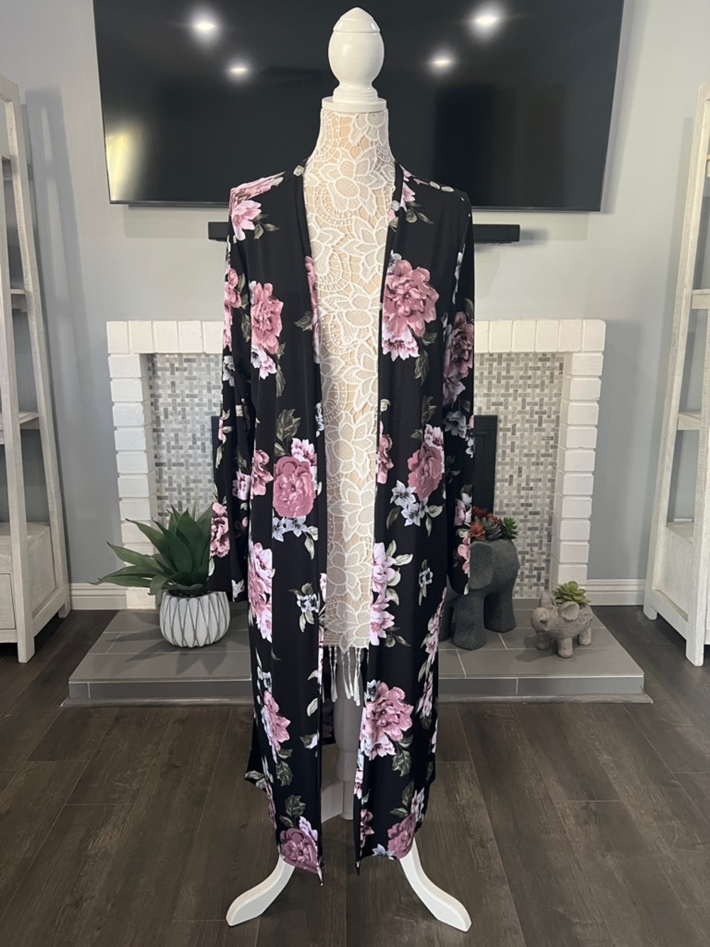 torrid Black Floral Long Kimono Cardigan with Pink Roses